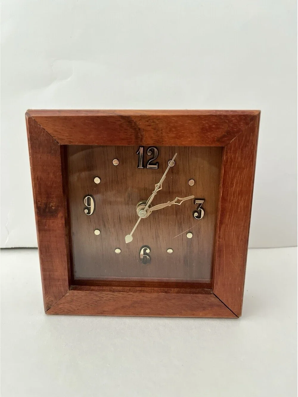 Vintage Mid-Century Teak Wood Desk Clock Minimalist Style Desk Top 5”